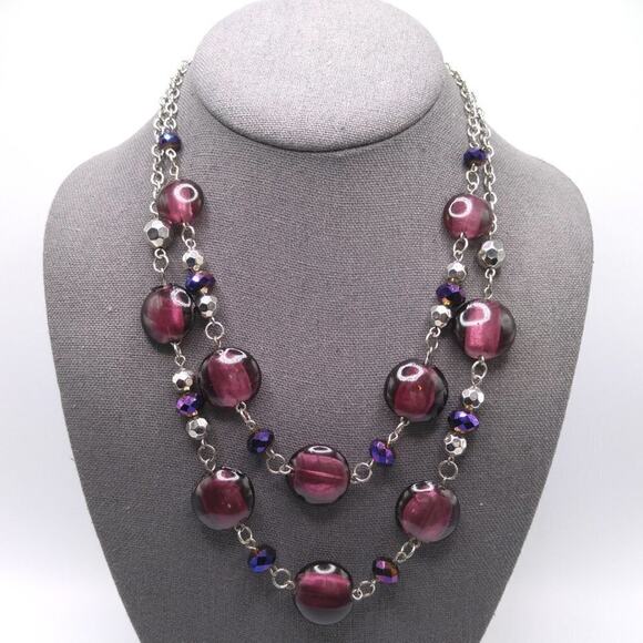 Purple Flat Round Beaded Necklace, Purple Crystal Beads, Two Strands, 24 Inches - Picture 2 of 10